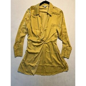 H&M Mustard Yellow Satin Twist Front Mini Dress Long Sleeve V-Neck Size M